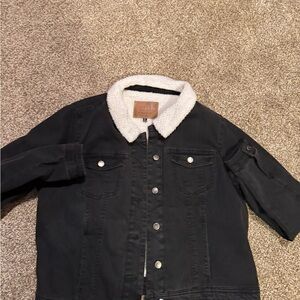 Black Denim Jacket with White Sherpa Collar